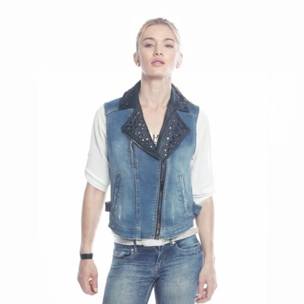 SILVIAN HEACH – Gilet Jeans Smanicato con Ecopelle e Borchie