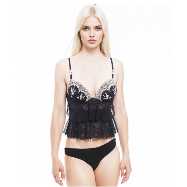 COTTON CLUB - bustino fiori nero ricamato, reggiseno imbottito con ferretto, frontale