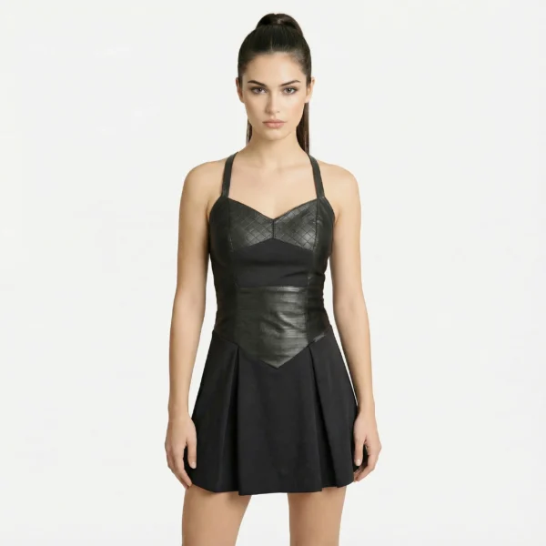 vestito-corto-koralline-nero-ecopelle-scollato-taglia-xs