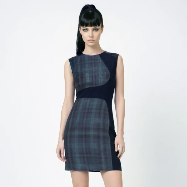 abito-pinko-lana-scozzese-tartan-nero-verde-inserti-ecopelle-l, frontale