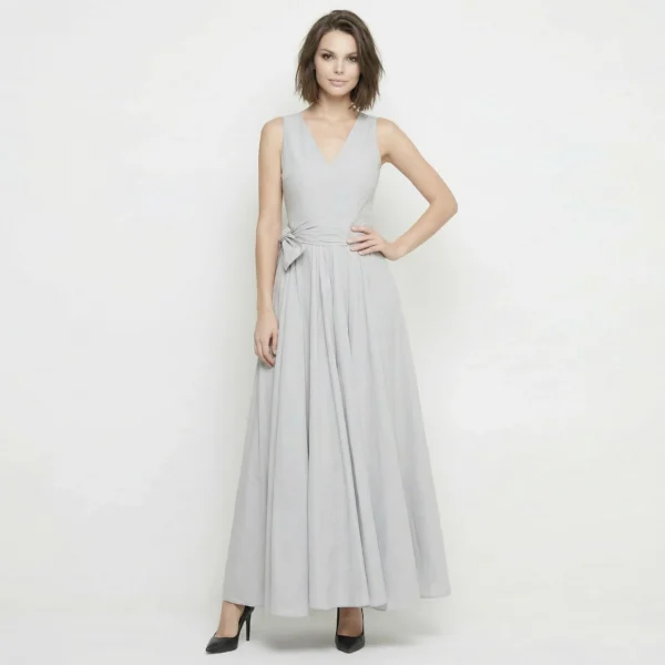 JIJIL – Vestito Lungo Grigio con Fiocco e Sottogonna