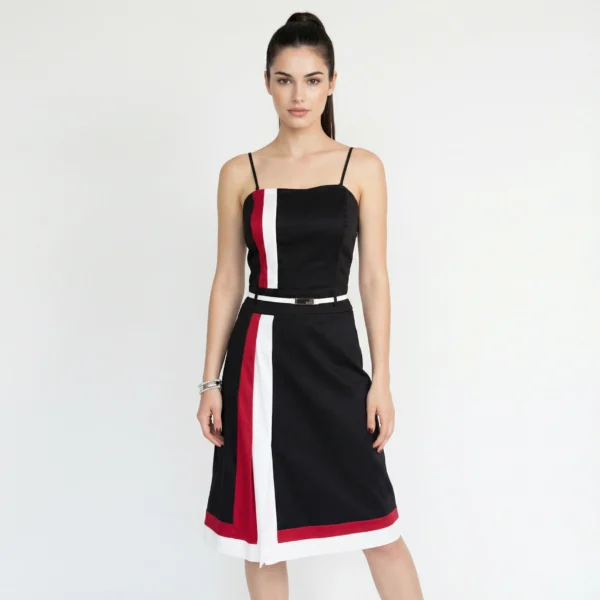 LOVE MOSCHINO – Vestito nero elegante in cotone con bande rosse e bianche e cintura