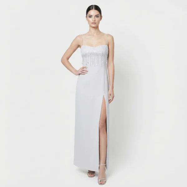 abito-lungo-gianfranco-ferre-studio-grigio-cerimonia-strass frontale taglia IT 44 L