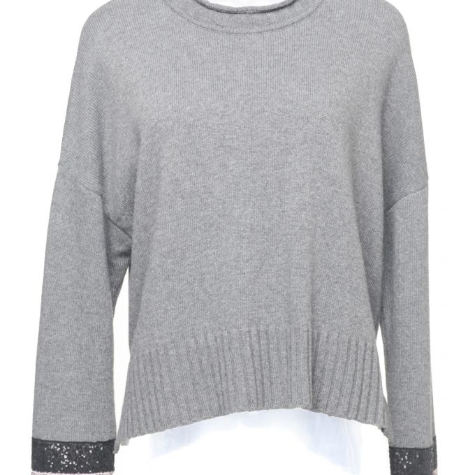 X'S Milano - women's gray boxy sweater with sleeves trimmings