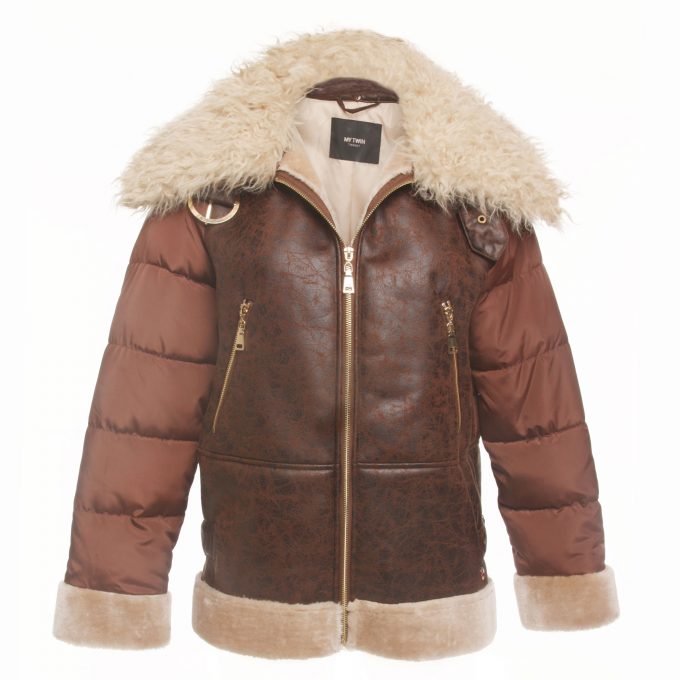 women's jacket coat twinset my twin color tiramisu with fur, padded, crepe leather effect, winter, with zip and pockets 8051735687266 , art 202MT2040, INT XS