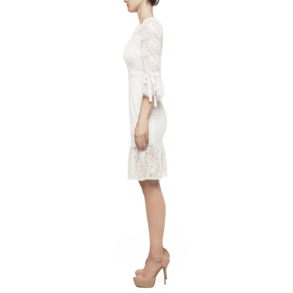 MANGANO - white knee-length rahia dress, embroidered tulle, 3/4 sleeves with bow, back zip, INT S, 9000009523907
