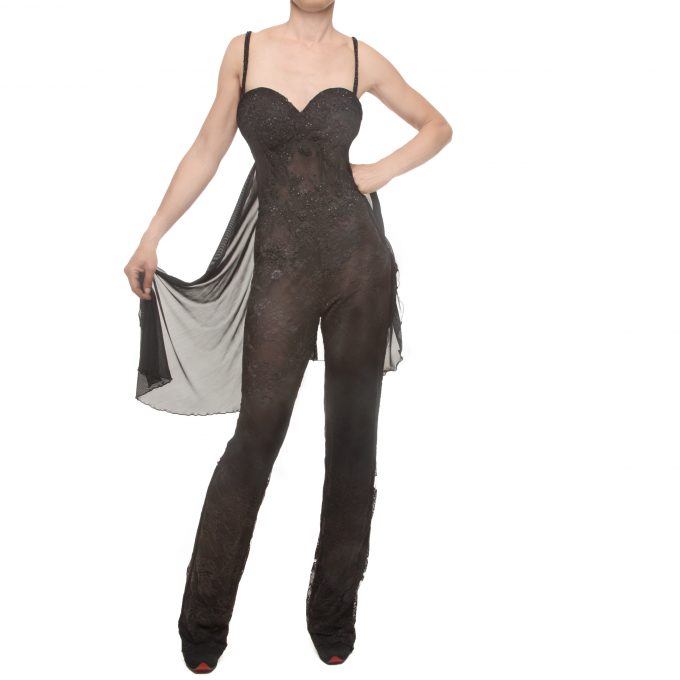 Impero Couture, black veiled woman jumpsuit with tail. One piece, ceremonial, decorated with beads and entirely embroidered, padded bra. With the addition of veiled black shawl. IT 42, INT M, 2000313925036