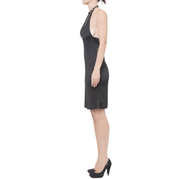 RICHMOND - vestito donna rock rochie nero con chiusura al collo in pelle con borchie e inserto metallico/collana con pendenti teschi e croci, dark, IT 42, M