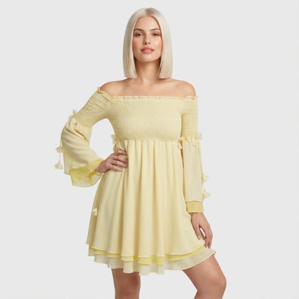 Gil Santucci First abito corto donna giallo estivo off-shoulder con maniche a campana e decoro bijoux taglia S 40 Just Shot Shop Milano - frontale