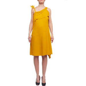 BEATRICE B - abito donna con piume su spalla, giallo, IT 42, S