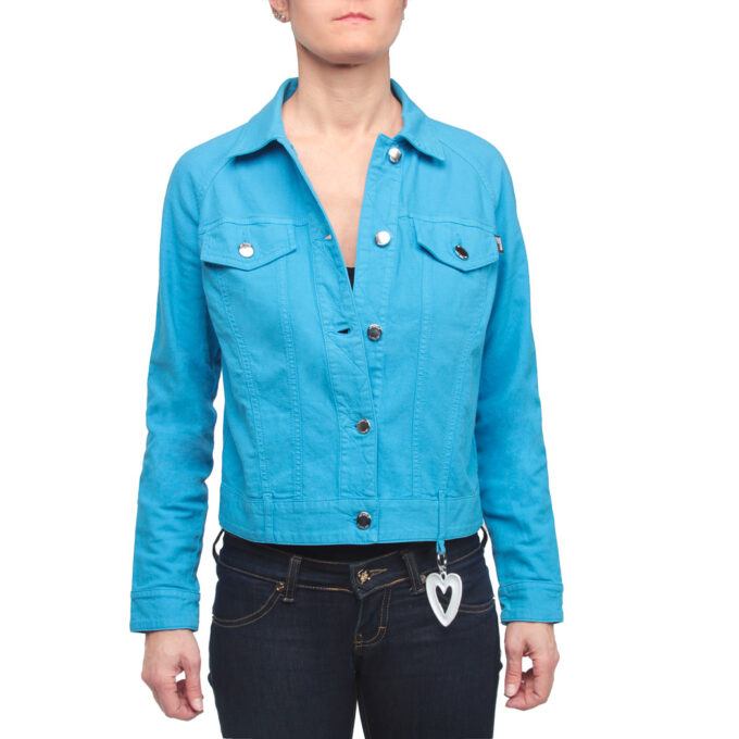 LOVE MOSCHINO - giacca jeans leggera donna in cotone azzurro, chiusura con bottoni, logo cuore rimovibile, IT 38, XS