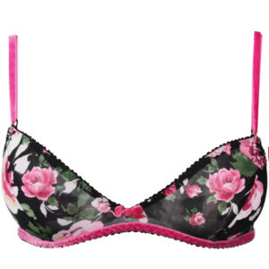 BLUMARINE underwear - reggiseno nero con motivo floreale,  spalline in velluto rosa, elasticizzato, a  triangolo, elegante e sexy, IT 42, M, II