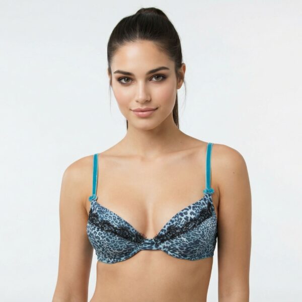 Reggiseno balconcino animalier azzurro Blumarine Underwear push up frontale indossato