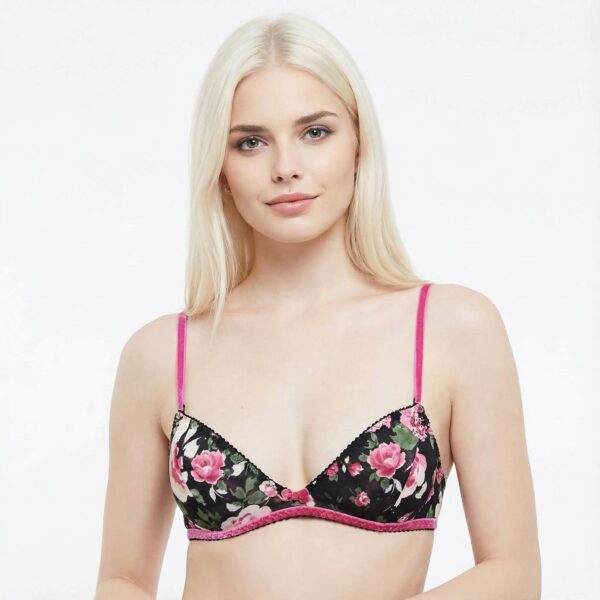 Reggiseno triangolo floreale nero Blumarine Underwear con spalline in velluto rosa frontale indossato