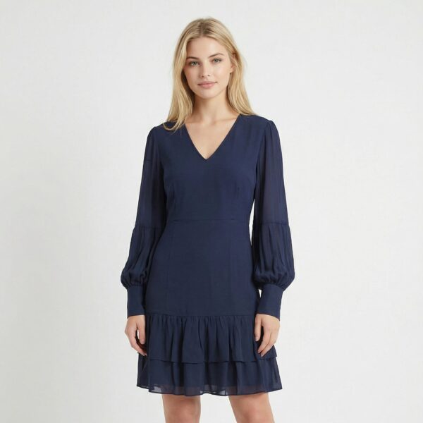 TWINSET – Abito corto punto Milano blu Midnight con balze