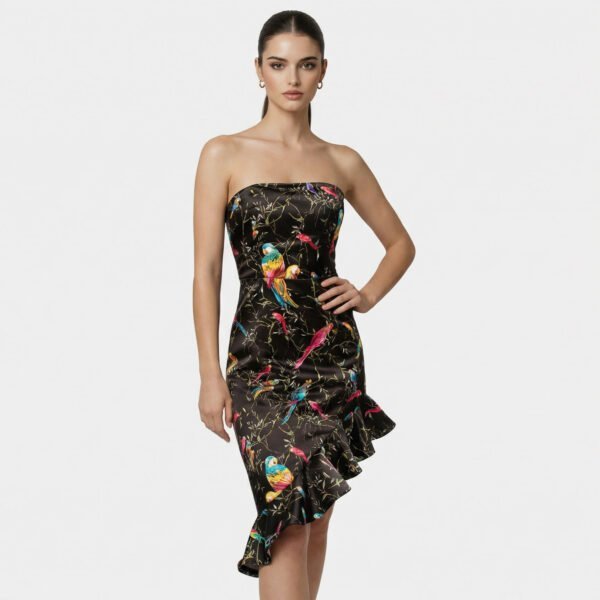 PINKO – Abito Corto Asimmetrico Nero con Fantasia Pappagalli Tropicali