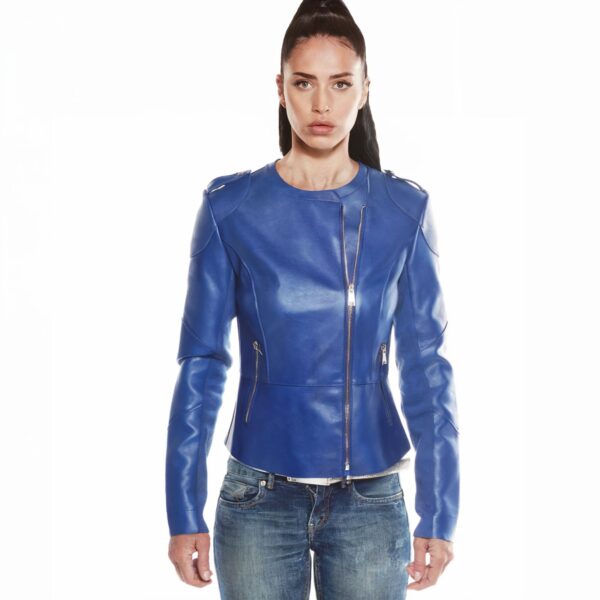 GUESS – Giacca Biker Samantha – Pelle Blu Slim con Zip