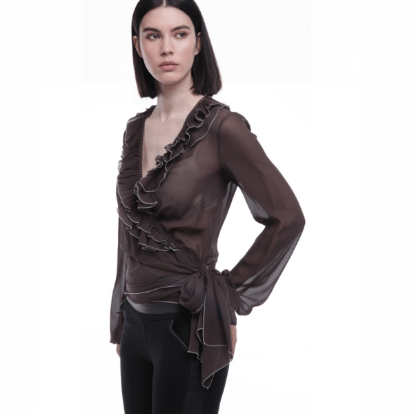 UNGARO FUCHSIA – Blusa Seta Marrone – Camicia Incrociata con Volant