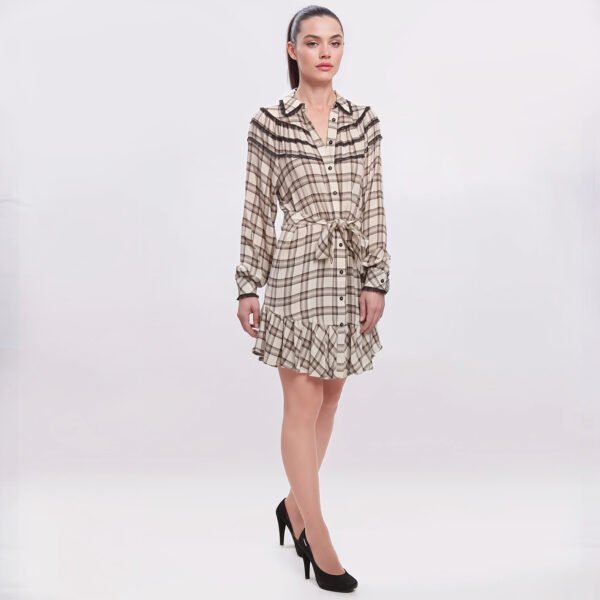 TWINSET – Abito Donna a Quadri Beige con Cintura e Pizzo