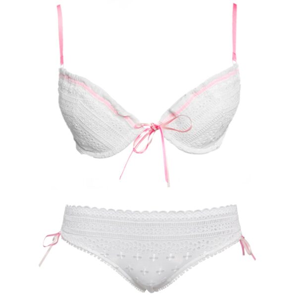 Completo intimo donna bianco Rosapois con pizzo e fiocchi rosa – reggiseno imbottito con ferretto e slip coordinato
