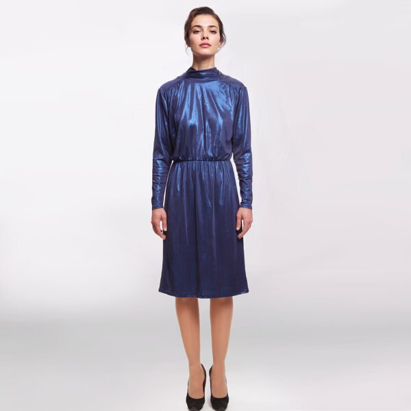KONTATTO – Abito Elegante Blu Midi in Tessuto Lucido con Fiocco