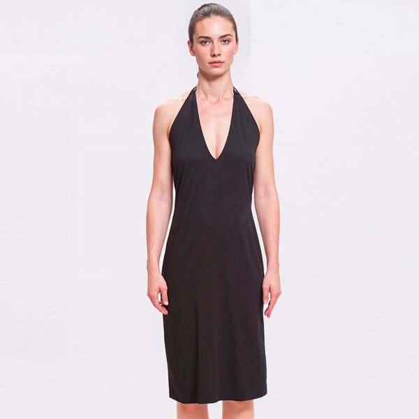 abito nero Moschino Swim scollo profondo allacciatura al collofronte