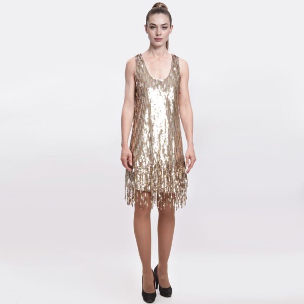 Abito Twinset da donna in paillettes oro giallo con frange stile Charleston, elegante e corto per festa o cerimonia