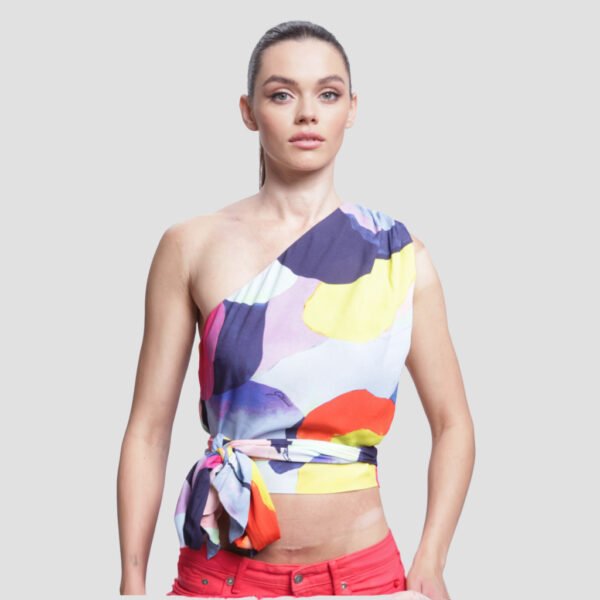 GATTINONI – Top Donna Monospalla Fantasia Multicolor in Viscosa con Fiocco