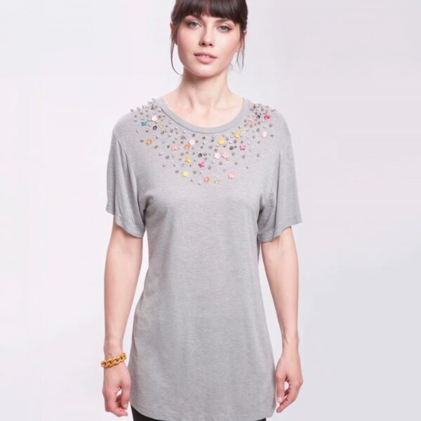 BLUGIRL – T Shirt Donna Grigia in Cotone con Applicazioni Floreali