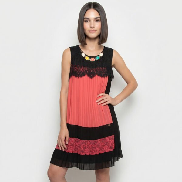 CHIARA BRUNI – Abito Donna Plissé Nero e Rosa con Pizzo