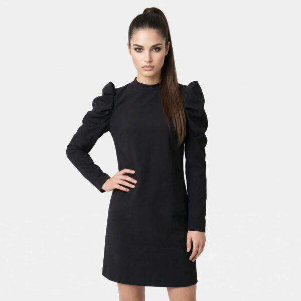 Pennyblack abito donna nero maniche a sbuffo dettaglio zip retro e bottoncino al collo tessuto elasticizzato lunghezza 85 cm taglia S