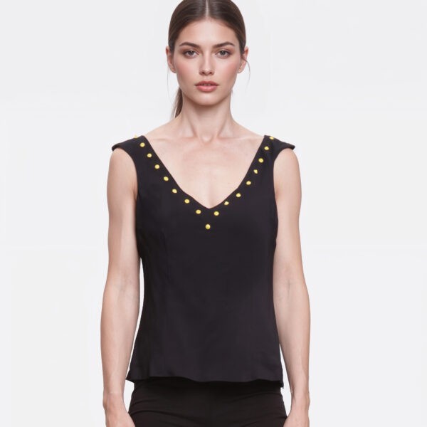 CAVALLI CLASS – Top smanicato nero con borchie gialle