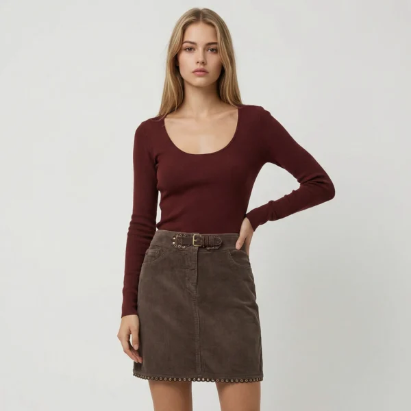 Moschino Jeans Gonna Velluto Verdone con Dettagli in Vera Pelle Marrone IT 40-S